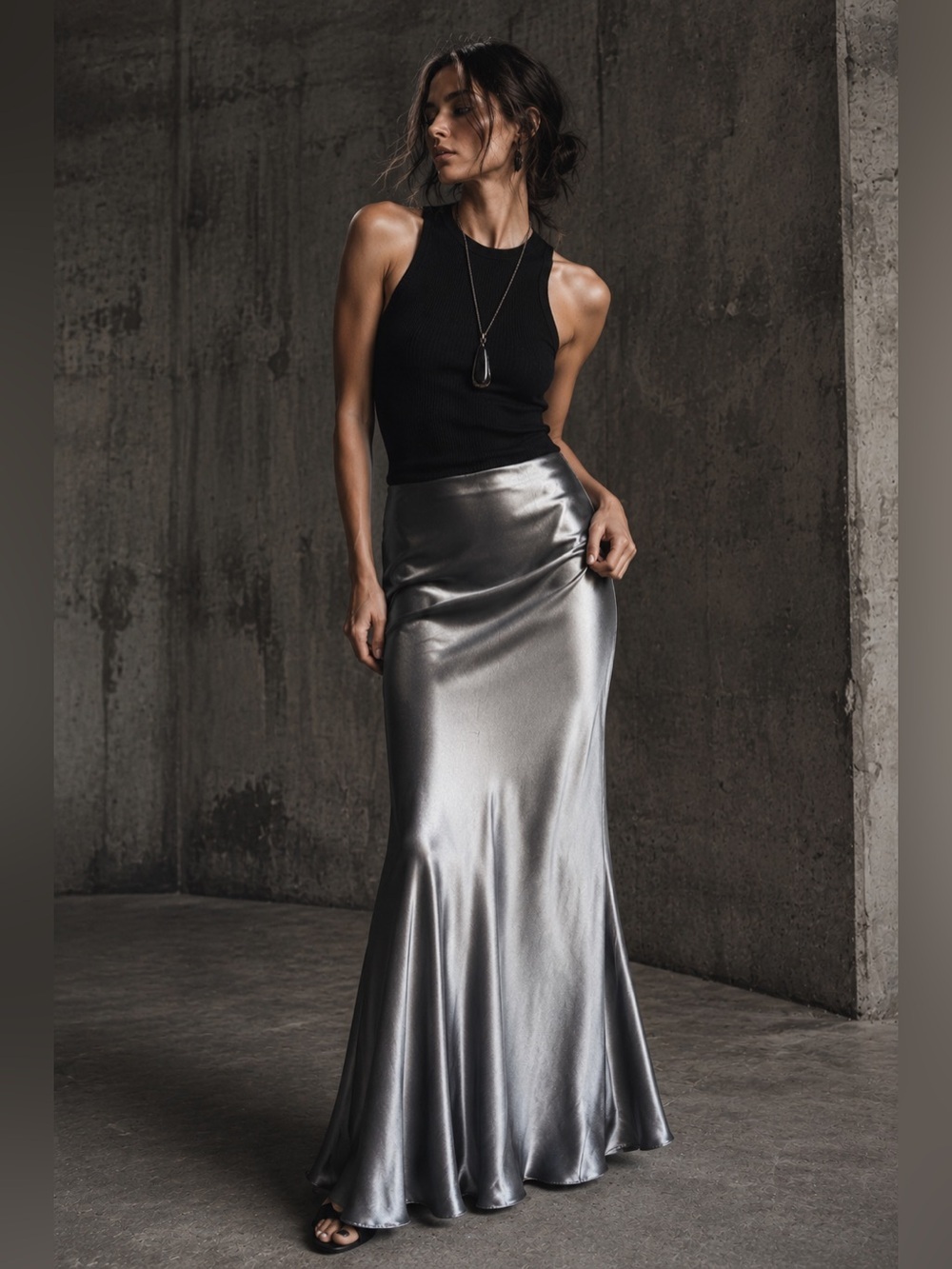 Max Studio London Metallic Silver Satin Bias Cut Maxi Skirt Size M